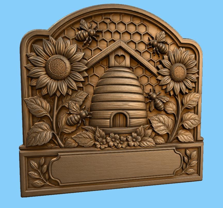 CNC & 3D-Druck, Bienenstock-Relief mit Bienen und Sonnenblumen, Imker-Schild für Holzgravur, hochwertige STL, anpassbar