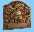 CNC & 3D-Druck, Bienenstock-Relief mit Bienen und Sonnenblumen, Imker-Schild für Holzgravur, hochwertige STL, anpassbar