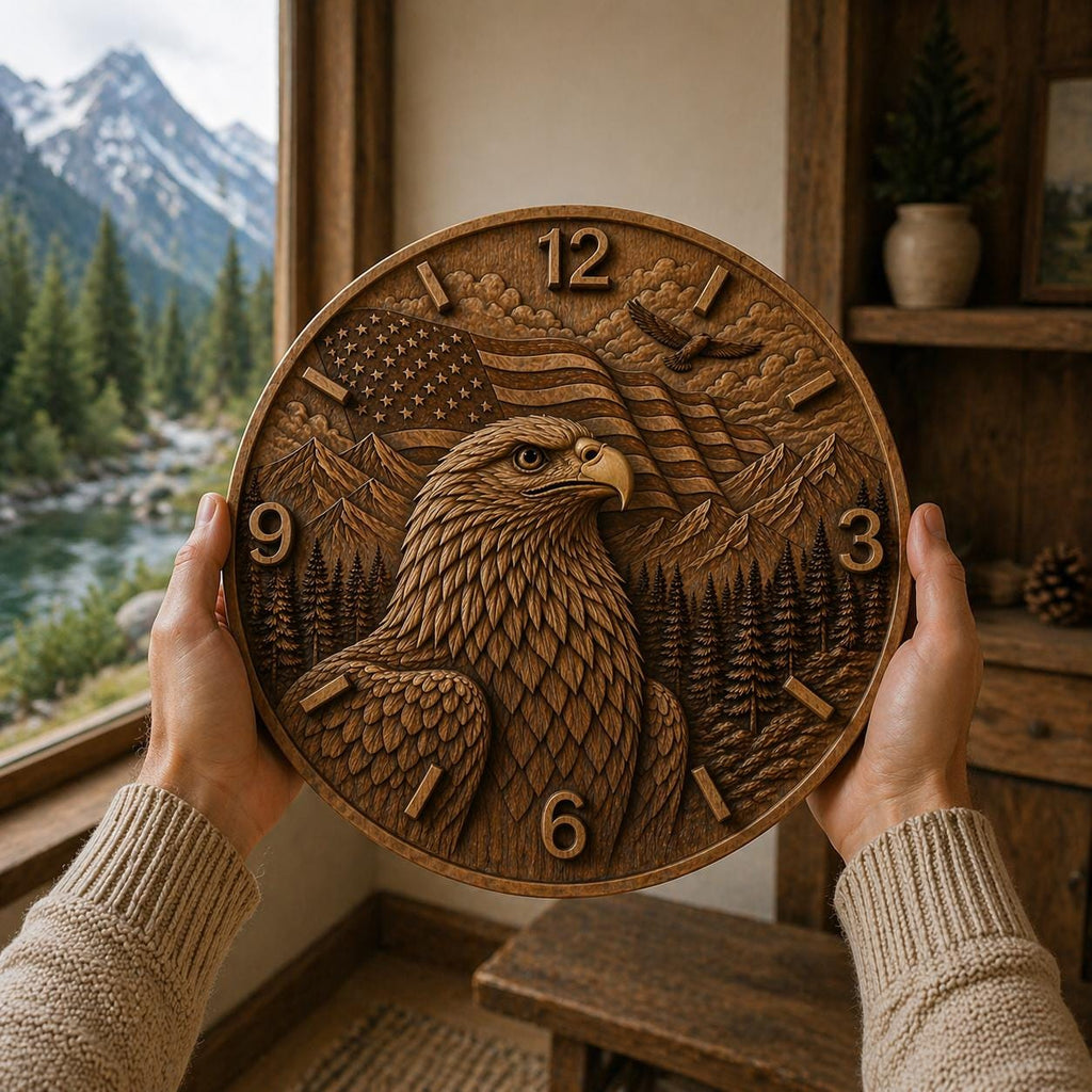 Fichier CNC horloge aigle drapeau USA, bas-relief bois patriotique, décoration murale américaine, sculpture horloge, modèle gravure 3D STL