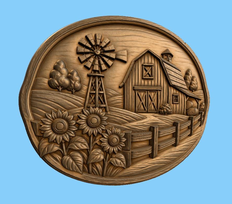 CNC- & 3D-Reliefdruck Bauernscheune mit Mühle und Sonnenblumen, sehr hochwertige STL-Datei