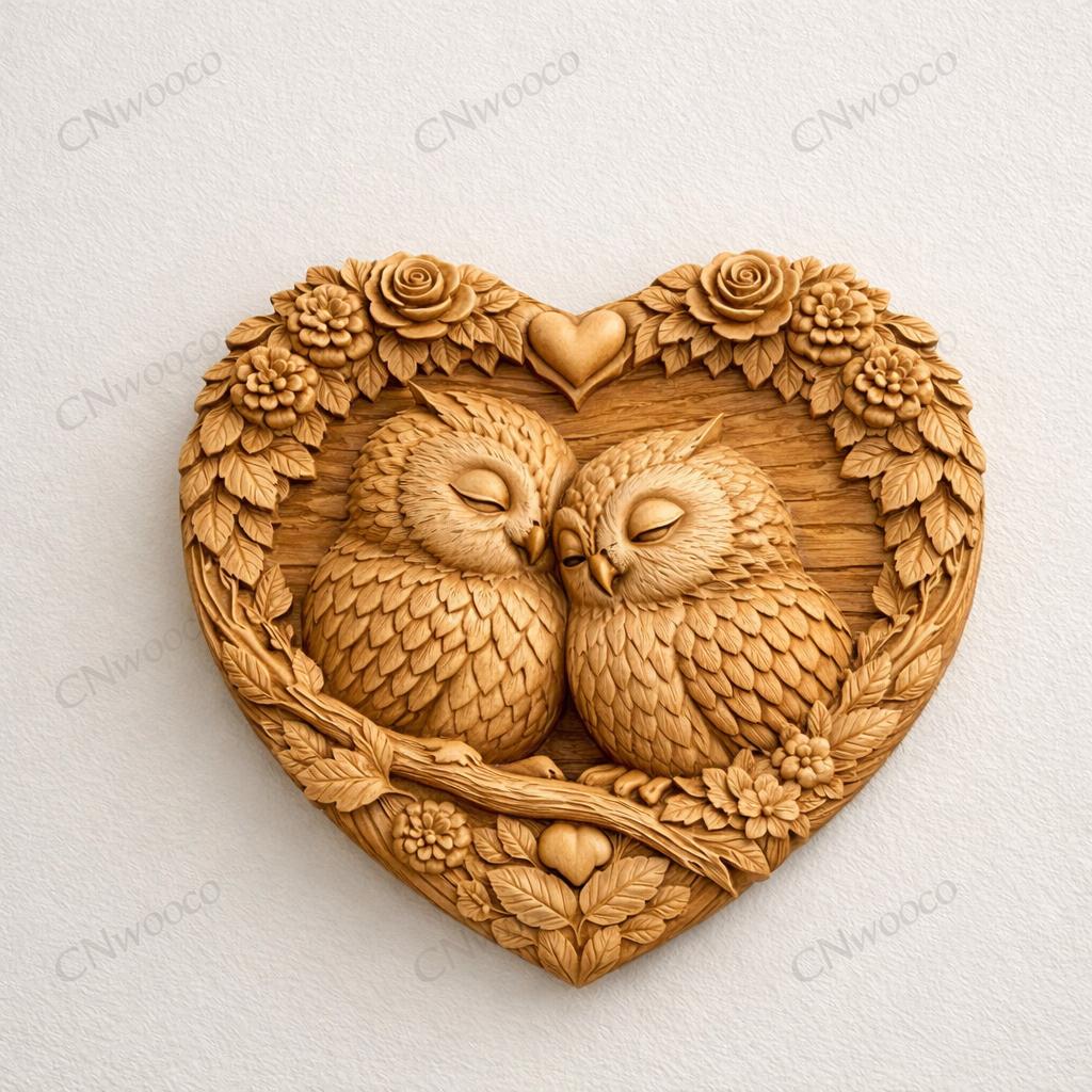 Fichier CNC cœur hibou – bas-relief romantique pour sculpture bois, décoration murale STL