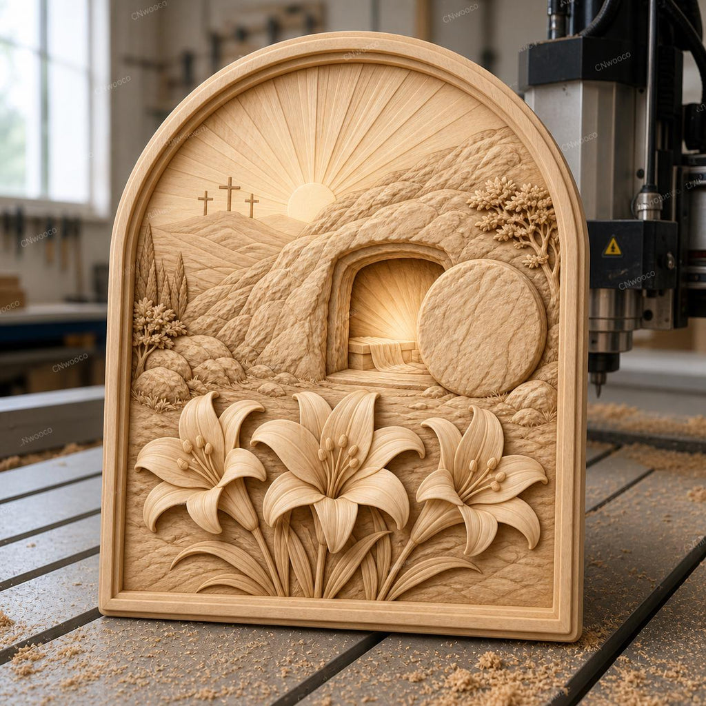 CNC & impression 3D relief tombeau vide de Pâques avec lys, fichier STL très haute qualité