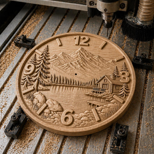 Fichier CNC horloge cabane montagne – bas-relief paysage nature pour sculpture bois, décoration murale STL