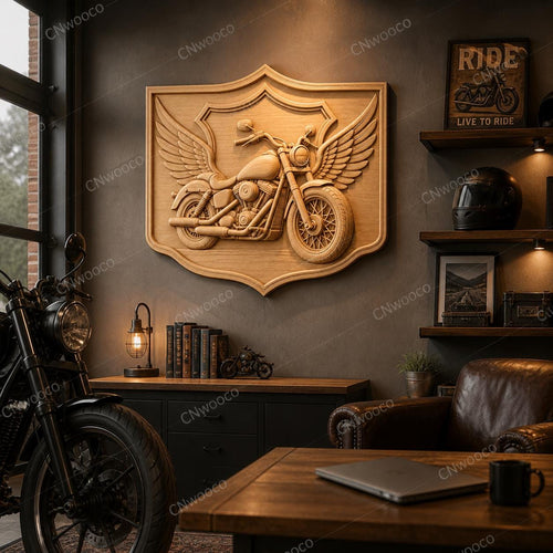 CNC & impression 3D relief moto custom avec ailes, décor biker garage, fichier STL très haute qualité