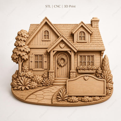 CNC & impression 3D relief maison cottage, fichier home decor pour gravure bois, STL de haute qualité, à personnaliser