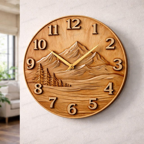 Fichier CNC horloge montagne – bas-relief paysage rustique pour sculpture bois, décoration murale STL