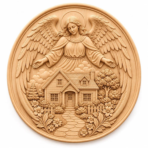 CNC & impression 3D relief ange protecteur avec maison, fichier STL très haute qualité