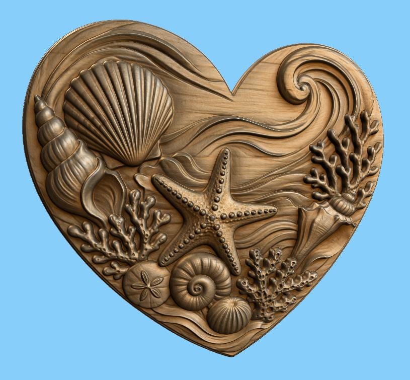 CNC & impression 3D cœur marin avec coquillages et étoile de mer, fichier STL très haute qualité