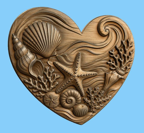 CNC & impression 3D cœur marin avec coquillages et étoile de mer, fichier STL très haute qualité