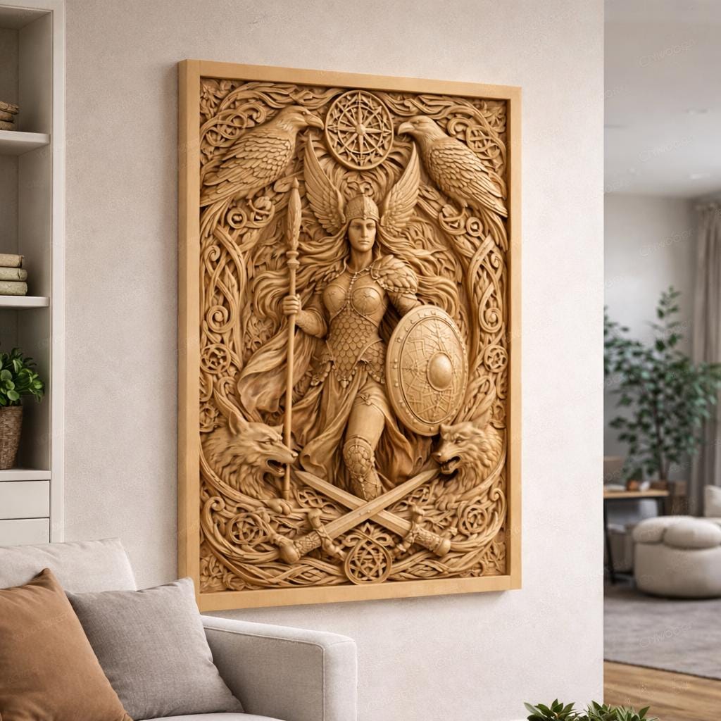 CNC-Datei Wikinger Walküre – Nordische Mythologie Basrelief für Holzskulptur, Wanddekoration STL