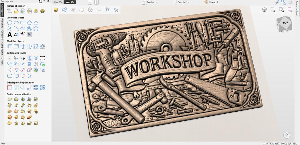 Fichier CNC panneau atelier outils menuiserie – bas-relief pour sculpture bois, décoration murale workshop STL