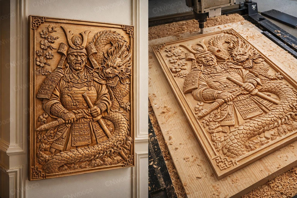 CNC-Datei Samurai-Drache japanisch, Holzrelief Krieger, asiatische Wanddekoration, Holzschnitzerei, 3D STL Gravurmodell