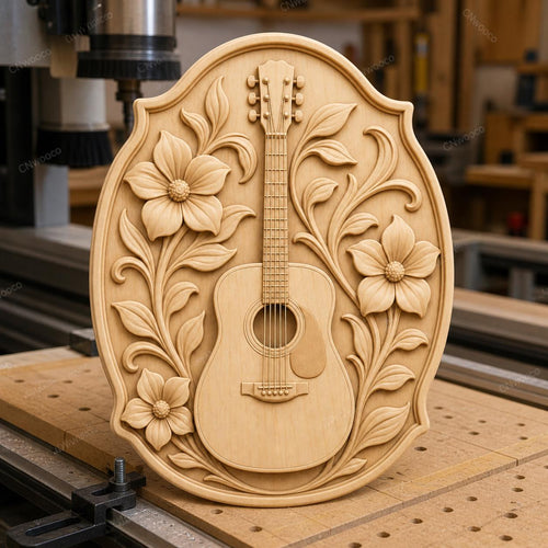 CNC & impression 3D relief guitare acoustique avec fleurs, décor musique, fichier STL très haute qualité