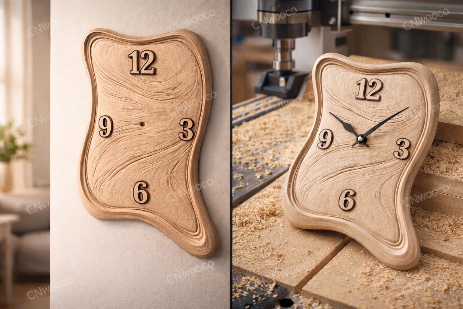 Organische fließende CNC-Uhrdatei, modernes abstraktes Holz-Basrelief, Design-Uhrenskulptur, 3D-STL-Gravurmodell