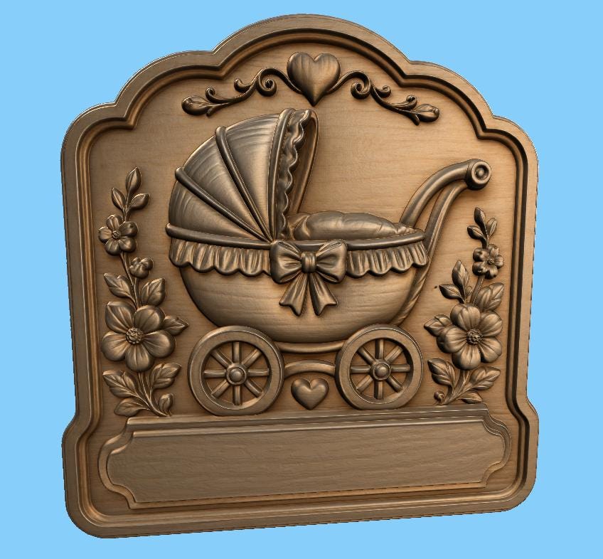 CNC & 3D-Druck Relief Baby Kinderwagen Geburt, Datei für Holzgravur, hochwertige STL, personalisierbar