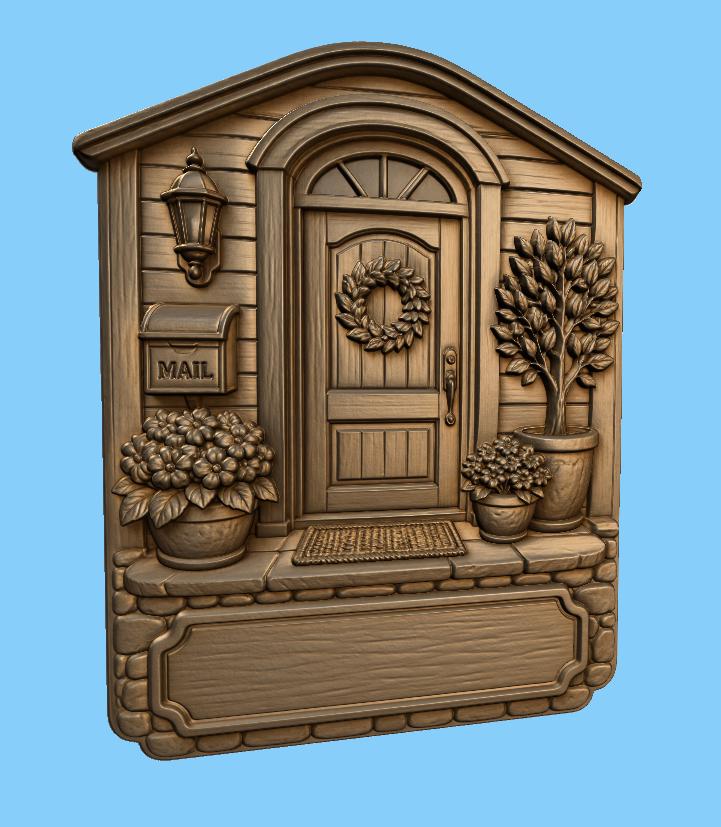 CNC- & 3D-Reliefdruck Hauseingang mit Tür und Blumen, Deko-Schild zum Holzschnitzen, hochwertiges STL, anpassbar