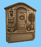 CNC- & 3D-Reliefdruck Hauseingang mit Tür und Blumen, Deko-Schild zum Holzschnitzen, hochwertiges STL, anpassbar