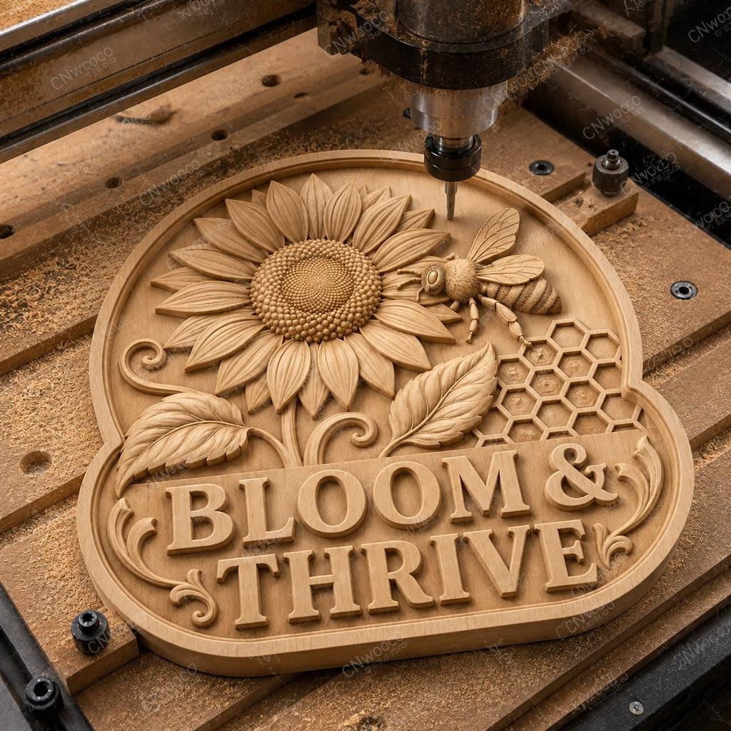 CNC- und 3D-Reliefdruck Bloom und Thrive mit Sonnenblume und Biene, dekorative Datei für Holzgravur, hochwertige STL