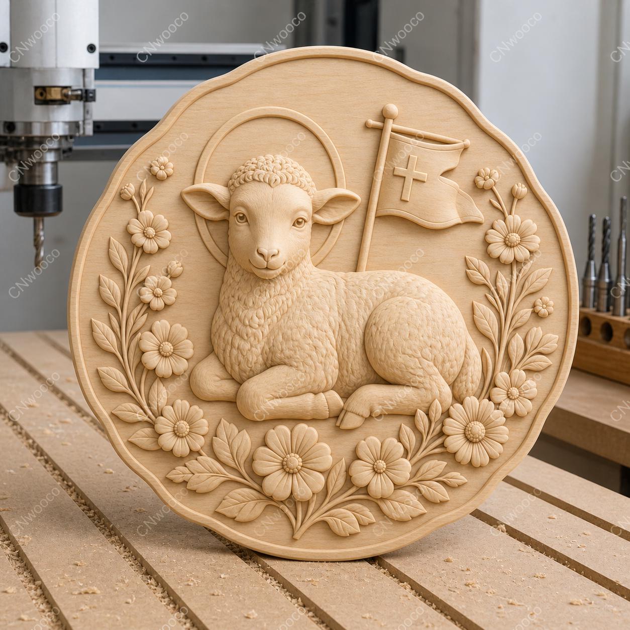 CNC & impression 3D relief agneau chrétien avec fleurs, fichier STL très haute qualité