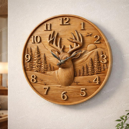 Fichier CNC horloge cerf – bas-relief chasse et faune sauvage pour sculpture bois, décoration murale rustique STL
