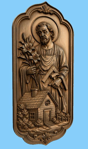 CNC & impression 3D relief Saint Joseph charpentier avec maison, fichier STL très haute qualité