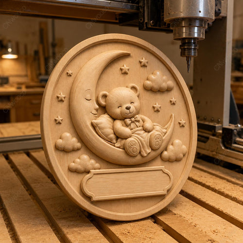 CNC & impression 3D relief ourson sur lune, plaque naissance bébé pour gravure bois, STL de haute qualité, à personnaliser