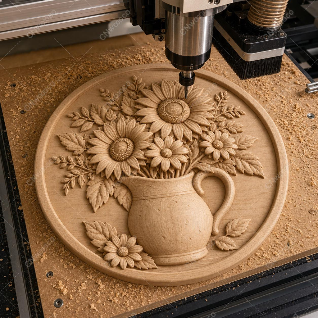 CNC & 3D-Reliefdruck Sonnenblumen in Kanne, florale Bauernhaus-Deko, STL-Datei sehr hohe Qualität