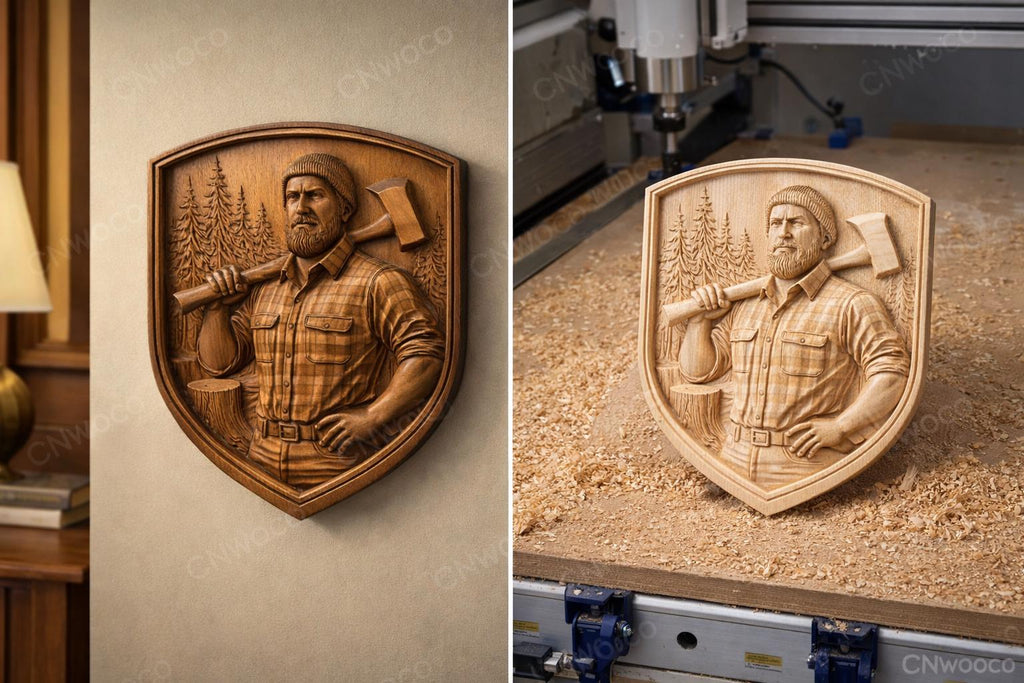 Fichier CNC bûcheron hache rustique, bas-relief bois cabane, décoration murale forestière, sculpture bois, modèle gravure 3D STL