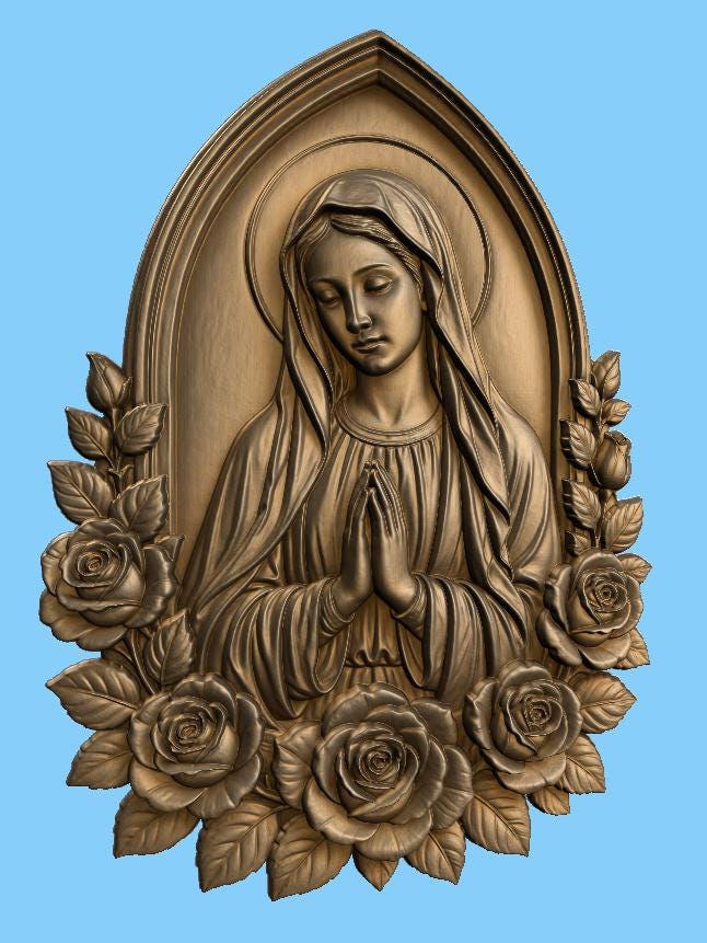 CNC & impression 3D relief Vierge Marie avec roses, fichier STL très haute qualité