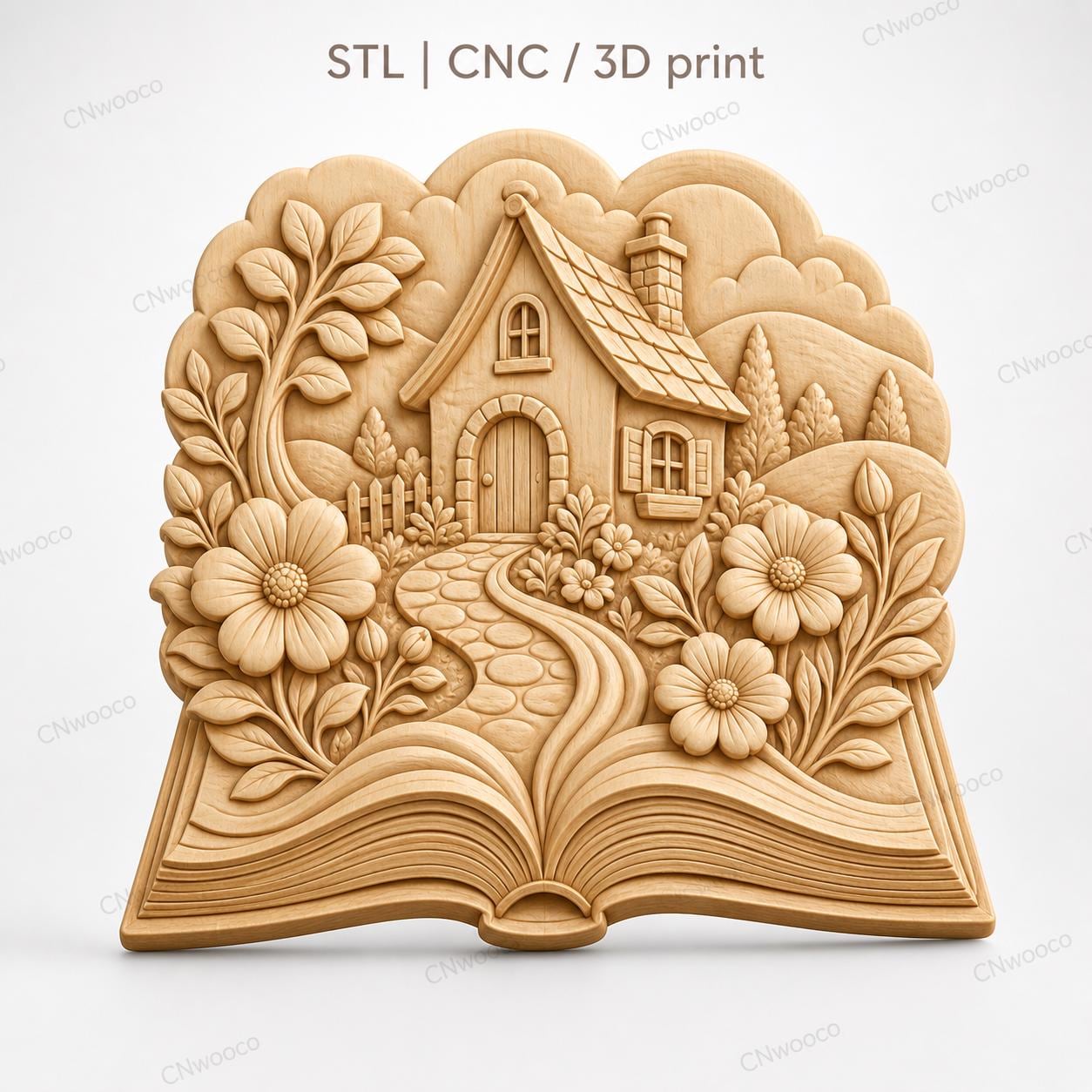 CNC- und 3D-Reliefdruck von einem Märchenhaus auf einem blumigen, offenen Buch, STL-Datei in sehr hoher Qualität