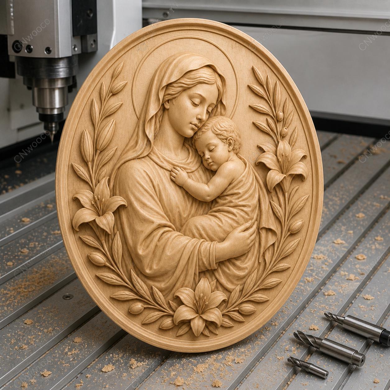 CNC & 3D-Reliefdruck Jungfrau mit Kind und Lilien, sehr hochwertige STL-Datei
