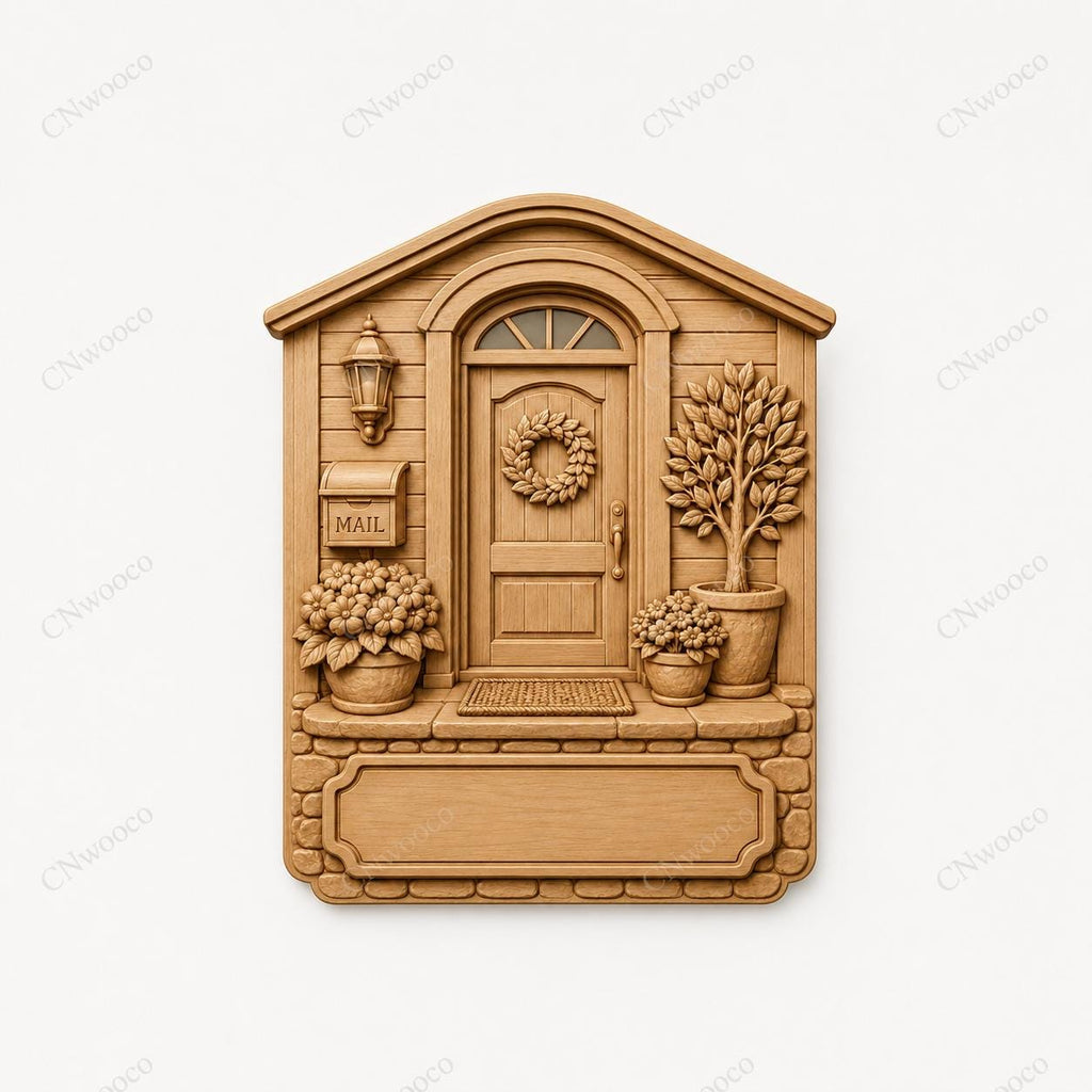 CNC- & 3D-Reliefdruck Hauseingang mit Tür und Blumen, Deko-Schild zum Holzschnitzen, hochwertiges STL, anpassbar