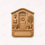 CNC- & 3D-Reliefdruck Hauseingang mit Tür und Blumen, Deko-Schild zum Holzschnitzen, hochwertiges STL, anpassbar
