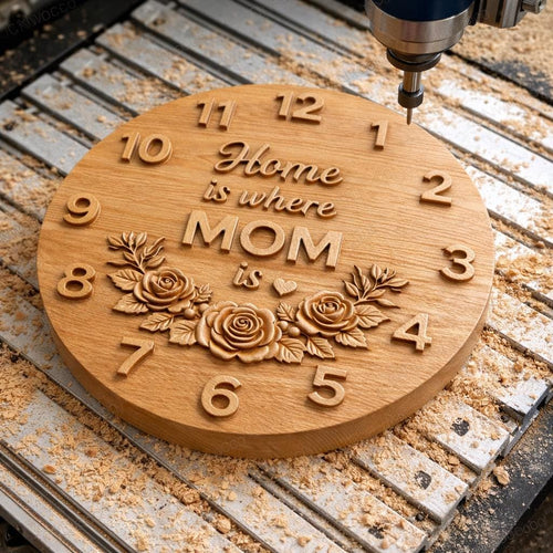 Fichier CNC horloge "Home is Where Mom Is" – bas-relief bois pour sculpture CNC, décoration murale familiale STL