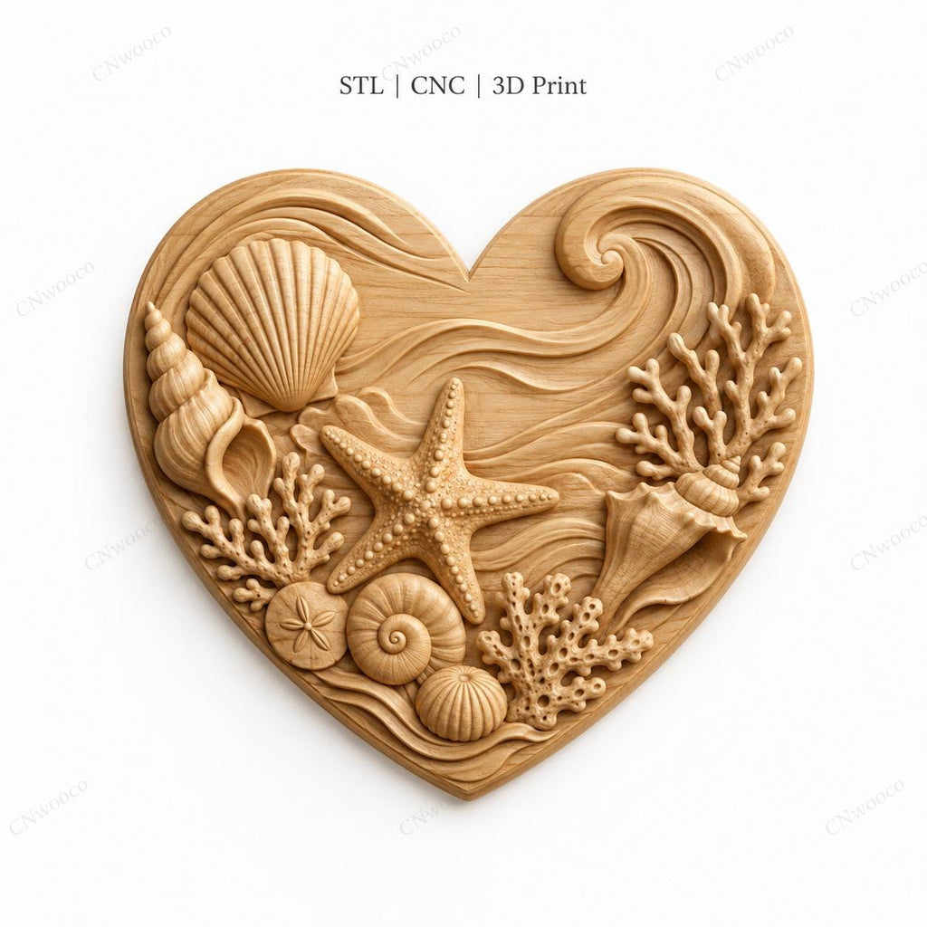CNC & impression 3D cœur marin avec coquillages et étoile de mer, fichier STL très haute qualité