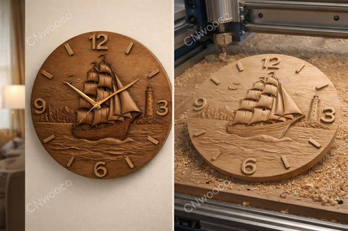 Fichier CNC horloge voilier vintage, bas-relief bois bateau marin, décoration murale nautique, sculpture horloge, modèle gravure 3D STL