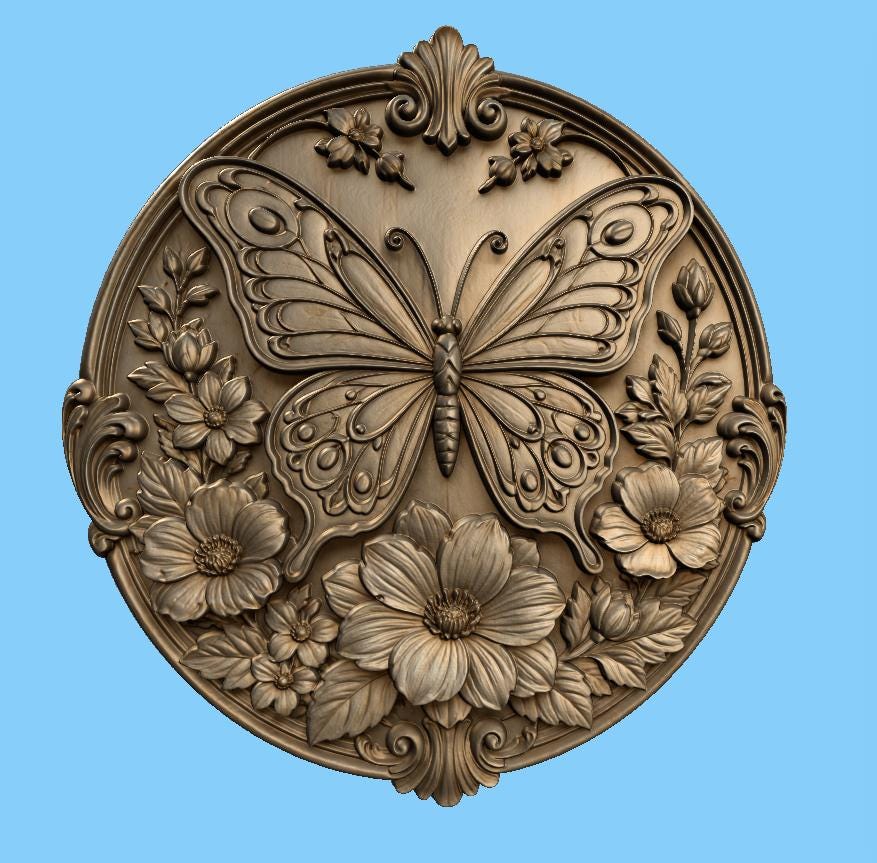 CNC & 3D-Druck Schmetterlingsrelief mit Blumen, florale Dekoration für Holzgravur, hochwertiges STL