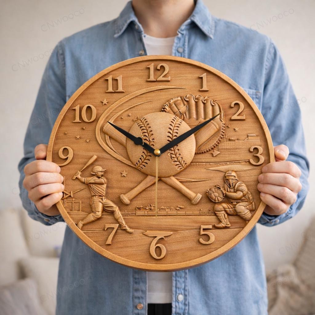 Fichier CNC horloge baseball – bas-relief sport pour sculpture bois, décoration murale STL