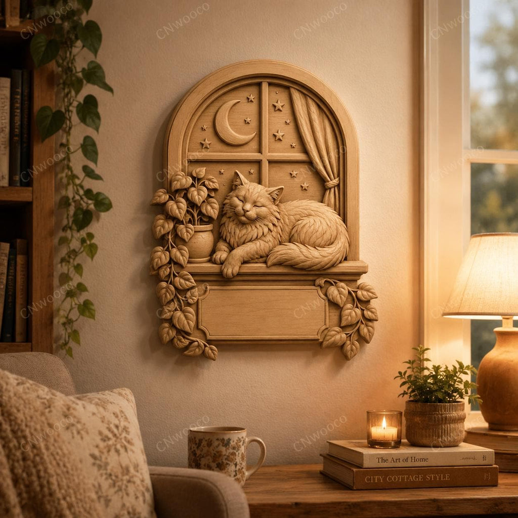 CNC & impression 3D relief chat à la fenêtre, fichier cat lover pour gravure bois, STL de haute qualité, à personnaliser