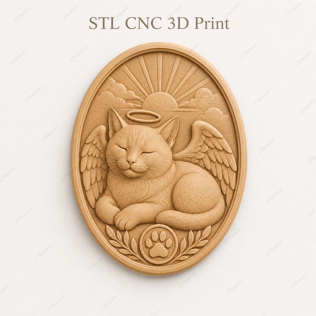 CNC & impression 3D chat ange mémorial STL, relief animal de compagnie pour souvenir et sculpture bois