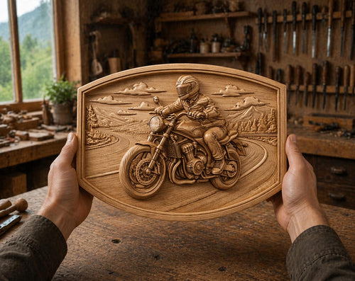 Fichier CNC motard moto roadster, bas-relief bois biker, décoration murale garage, sculpture bois, modèle gravure 3D STL