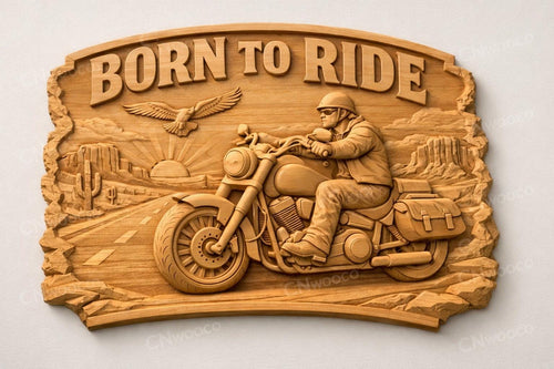 Fichier CNC moto "Born to Ride" – bas-relief biker pour sculpture bois, décoration murale garage et man cave STL