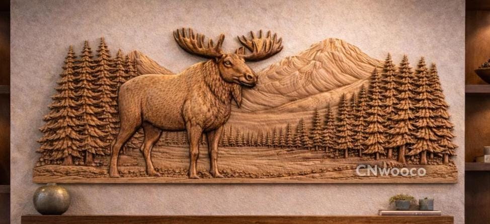 CNC-Datei, Wildtiere-Packung mit 5 Tieren, Wolf, Adler, Hirsch, Elch, rustikales Holz-Flachrelief, Wanddekoration, 3D-STL-Gravurmodell