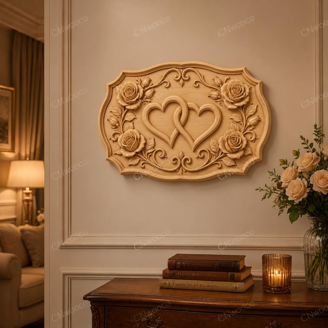 CNC & impression 3D relief cœurs entrelacés avec roses, fichier mariage amour pour gravure bois, STL de haute qualité