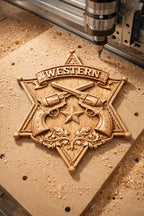 CNC-Datei Sheriffstern gekreuzte Revolver, Western Holzrelief, Cowboy Wanddekoration, Holzskulptur, 3D STL Gravurmodell