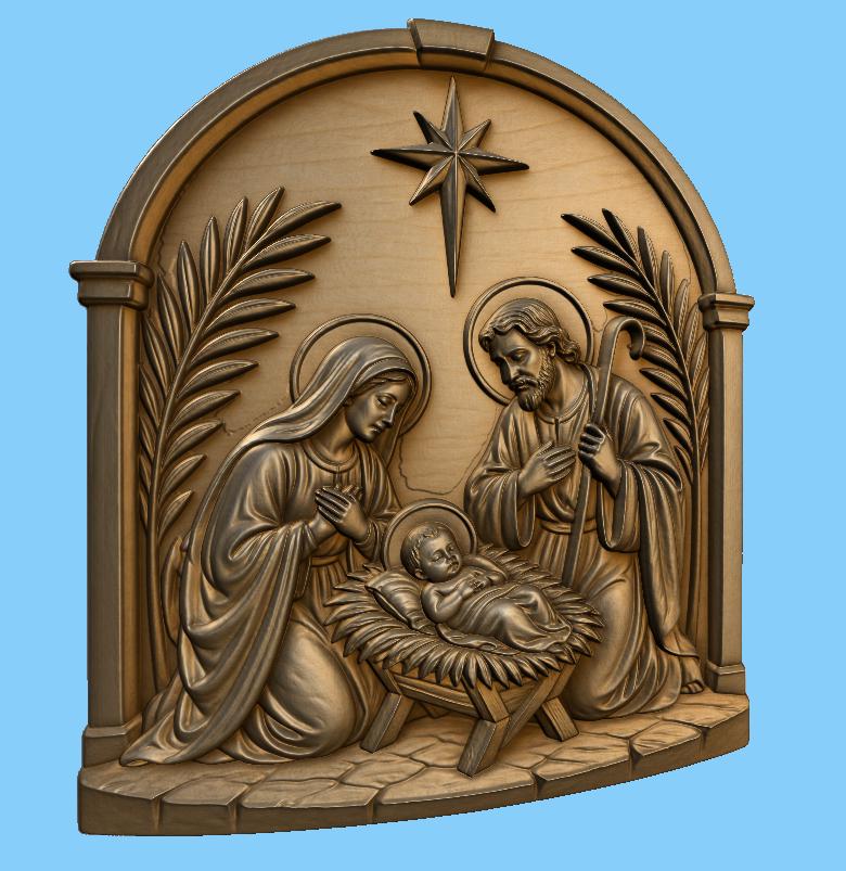 CNC & impression 3D relief Nativité avec Marie, Joseph et Jésus, fichier STL très haute qualité