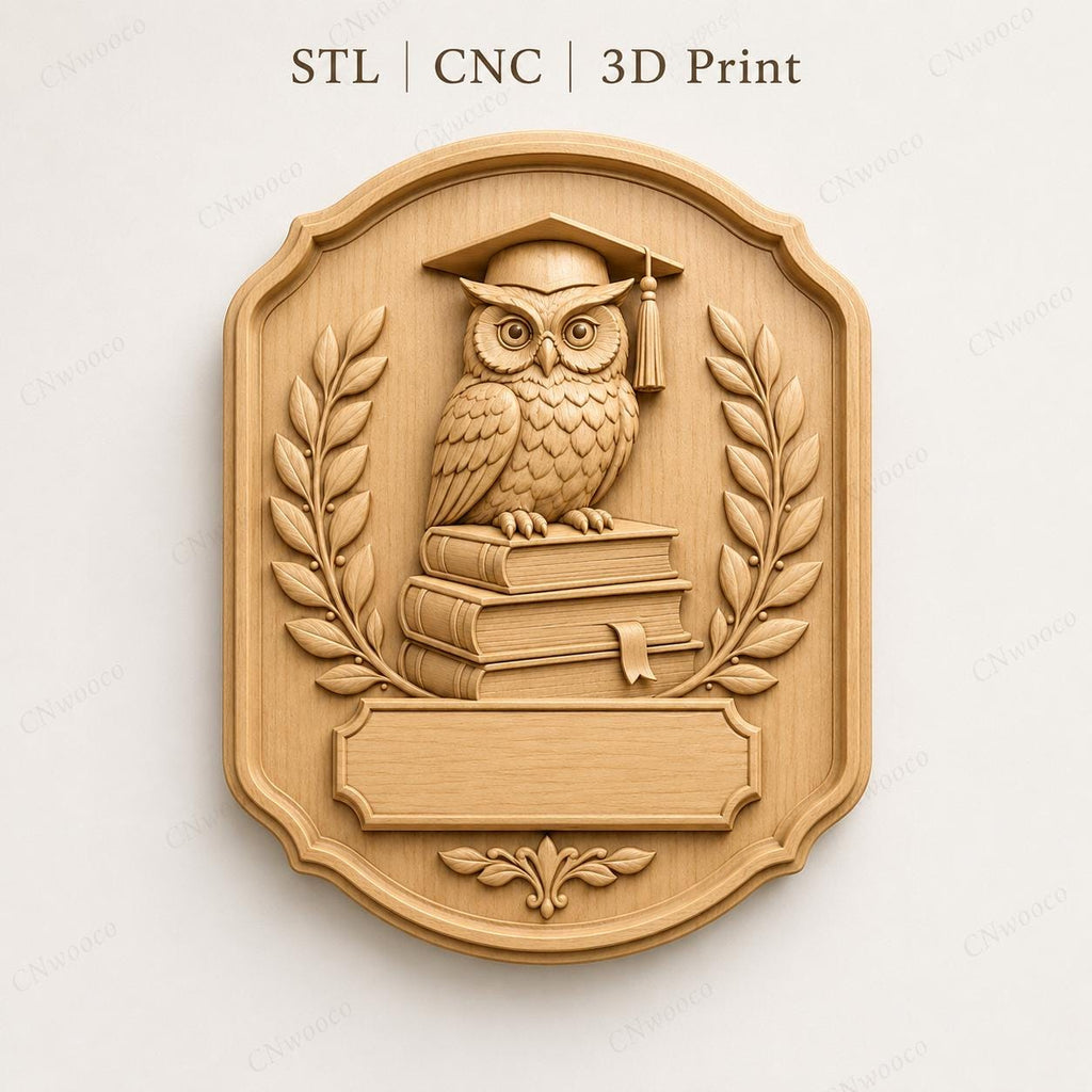 CNC & impression 3D relief hibou diplômé sur livres, plaque école graduation pour gravure bois, STL de haute qualité, à personnaliser