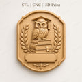 CNC & impression 3D relief hibou diplômé sur livres, plaque école graduation pour gravure bois, STL de haute qualité, à personnaliser