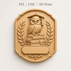 CNC & impression 3D relief hibou diplômé sur livres, plaque école graduation pour gravure bois, STL de haute qualité, à personnaliser