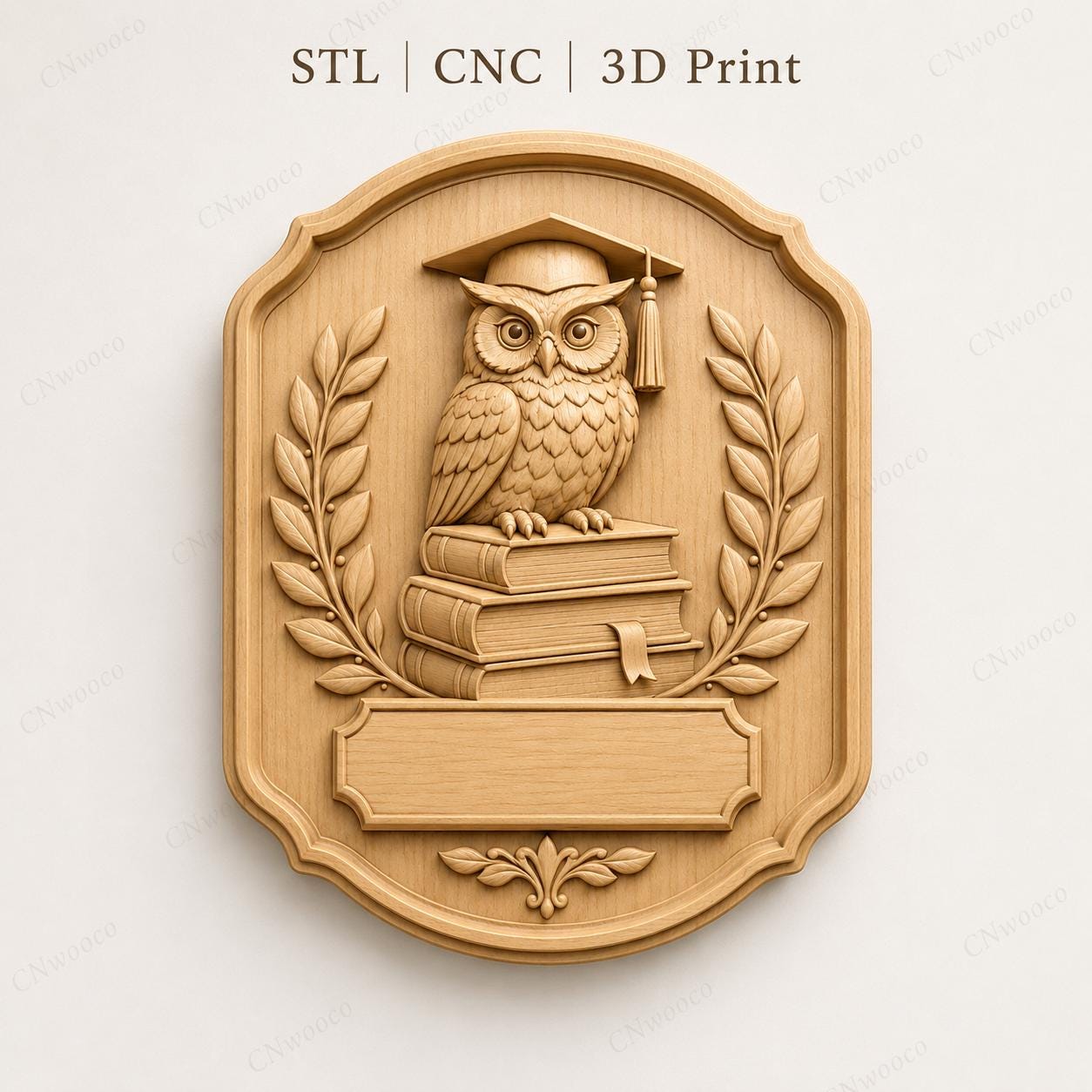 CNC & impression 3D relief hibou diplômé sur livres, plaque école graduation pour gravure bois, STL de haute qualité, à personnaliser